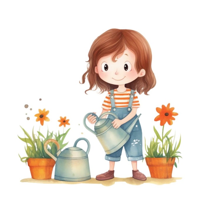 小女孩拿着水壶浇水绿植草人物插画免抠
