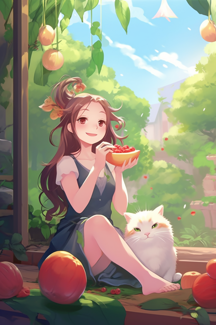 美丽少女坐着窗边和猫咪玩耍水果卡通插画素材背景