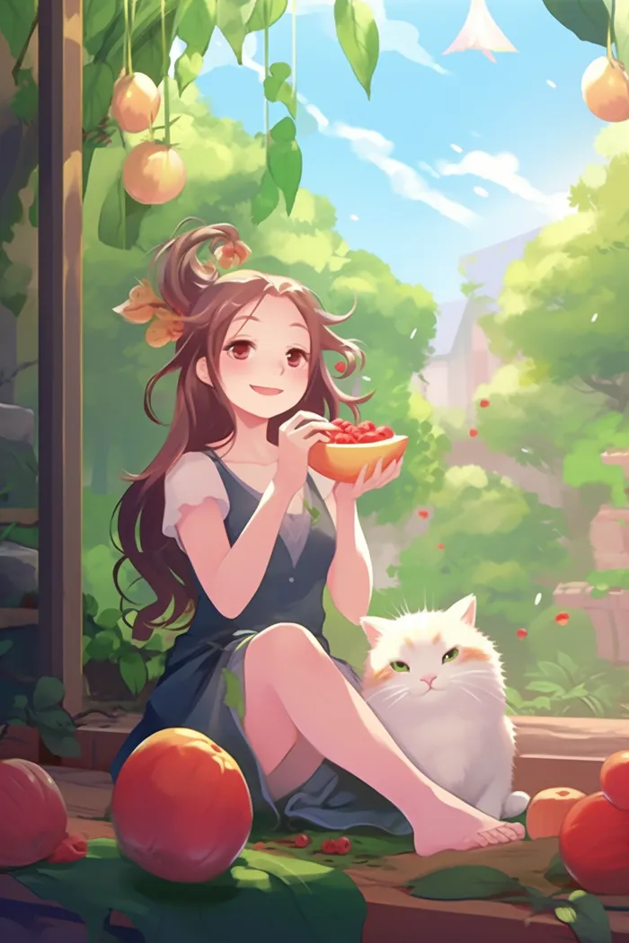 美丽少女坐着窗边和猫咪玩耍水果卡通插画素材背景(x)