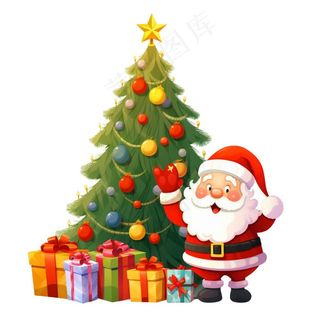 圣诞老人圣诞树礼物卡通插画免抠