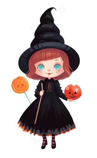 黑色女巫手拿南瓜灯万圣节卡通插画免抠