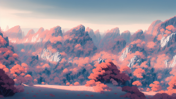 美丽大气写意风景背景壁纸插画-红山