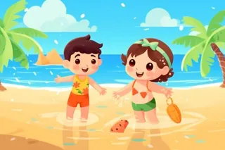 夏日沙滩儿童游玩插画背景