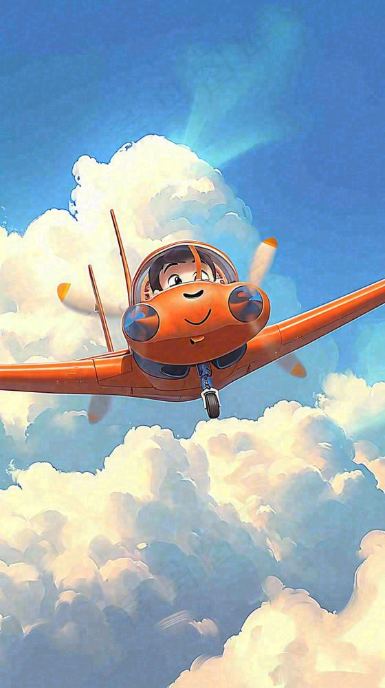 卡通少年男孩飞行飞机玩耍，可爱儿童节，天空白云