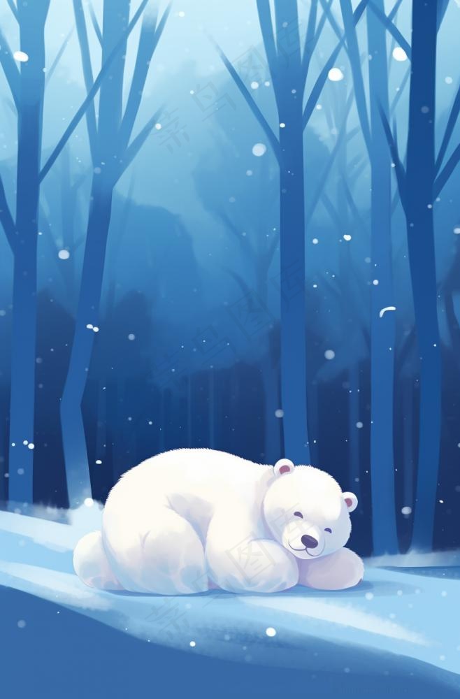 冬天白熊躺着雪地里森林卡通插画背景(896x1360)