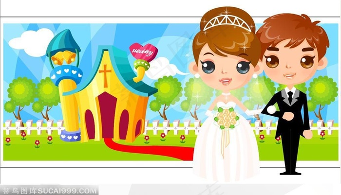 教堂里举行婚礼的卡通新郎新娘、结婚礼服