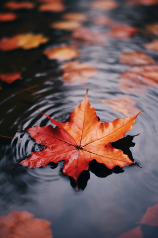 秋季雨天落叶在水坑道路摄影图