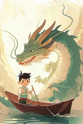 国风龙神话传说海面船只中国风插画