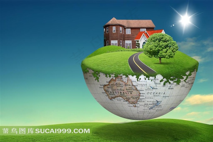 半球上的绿草别墅房子图片