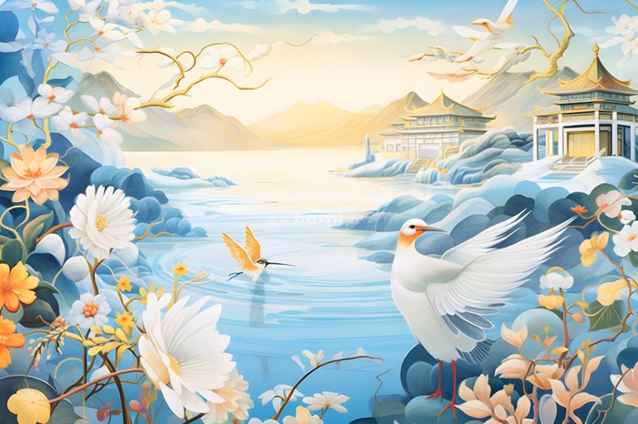 国潮建筑蓝色插画背景