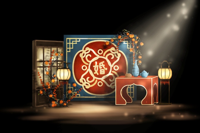 红蓝色中式传统婚礼迎宾区效果图psd模版下载