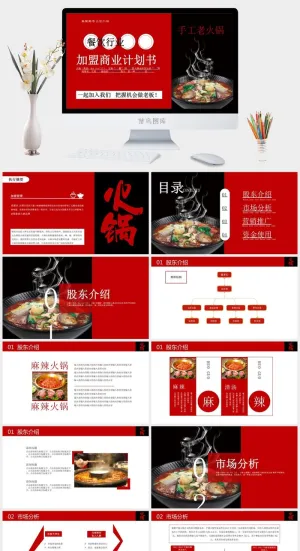 国潮美食餐饮PPT模板中华美食火锅烤串海鲜加盟宣传预览图