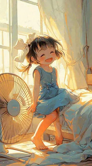 夏天风扇凉快清新儿童，阳光夏至手绘插画