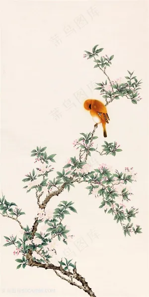 站在桃花树上的喜鹊古典唯美油画图片