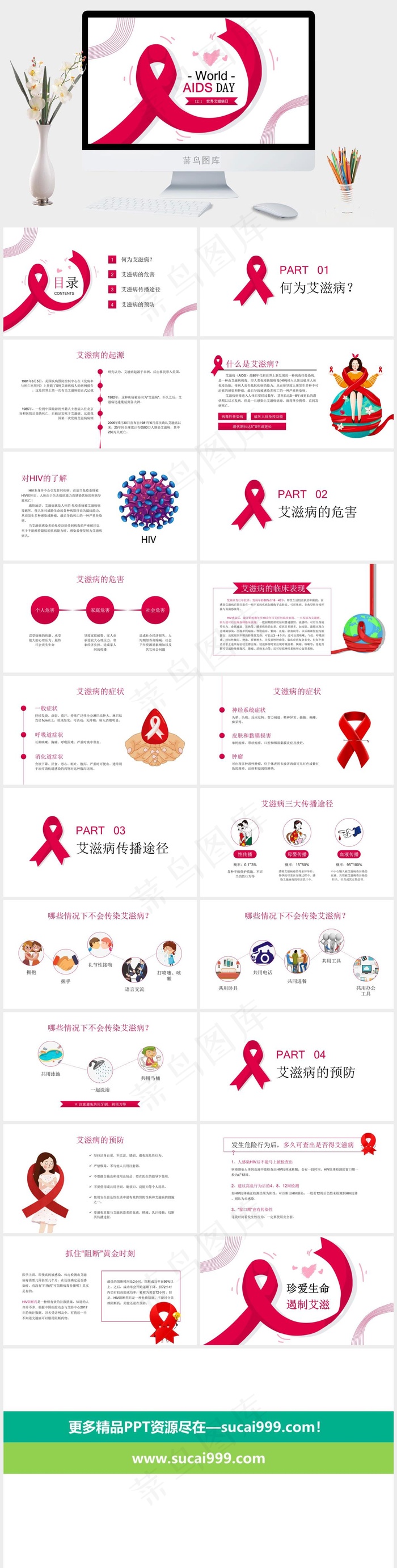 清新简约世界艾滋病日主题教育模板ppt模版