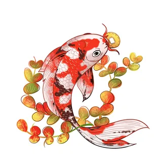 手绘国潮古风喜庆铜钱锦鲤鱼金鱼荷花插画场景装饰PSD设计素