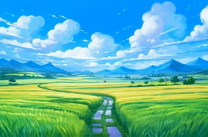 蓝天下的稻田黄色的稻谷插画背景(4080x2688)