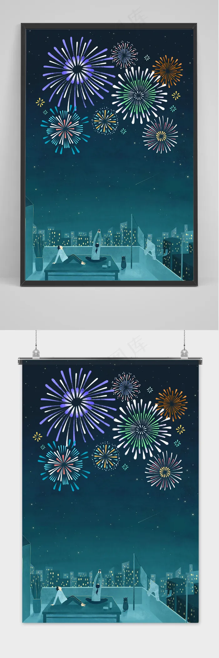 手绘节日新年炫彩烟花海报背景(3472x5043)psd模版下载