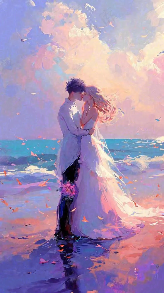 海边爱情情侣浪漫拥抱接吻，情人节婚纱照手绘插画(816x1456)