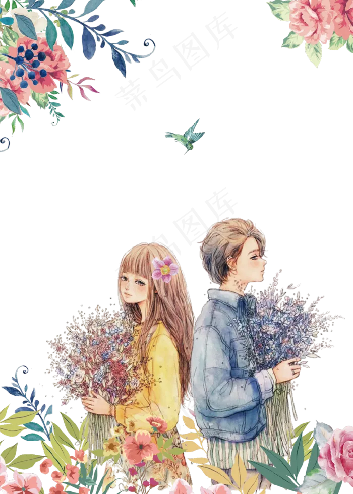 手绘唯美花季情侣唯美情侣(2000x2800)psd模版下载