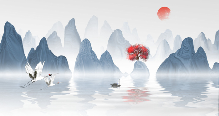 山水风丹顶鹤绘画PSD素材psd模版下载