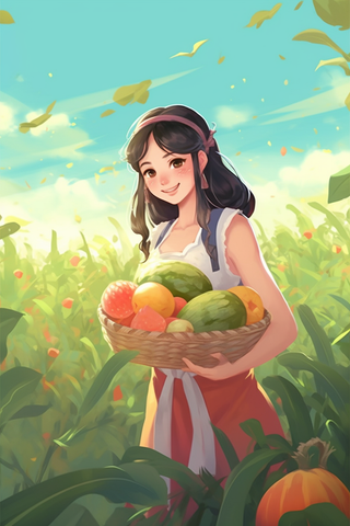 秋天少女抱着成熟的瓜果在菜园里卡通插画素材