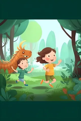 恐龙儿童大自然森林奔跑插画海报素材背景