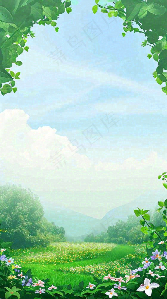 春天郊外露营旅行山脉蓝天白云草坪草地花丛，清新自然，惊蛰春分(816x1456)