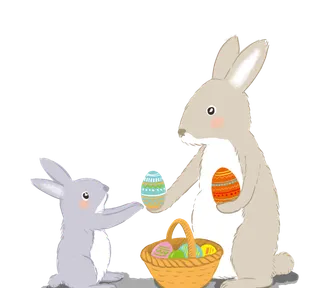 复活节兔子妈妈和宝宝分享篮子里彩蛋免扣素材