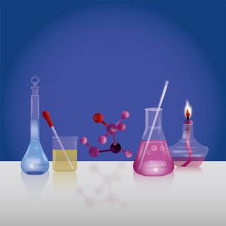 蓝紫色量杯搅拌棒酒精灯等化学生物科学研究插画元素