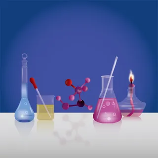 蓝紫色量杯搅拌棒酒精灯等化学生物科学研究插画元素