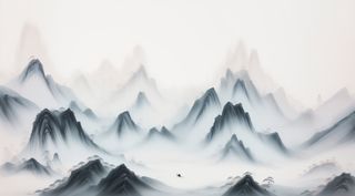 大气写意中国传统水墨画山水插画壁纸-山间舟