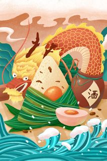 国潮风中国传统节日端午节赛龙舟粽子场景插画海报PSD设计素材