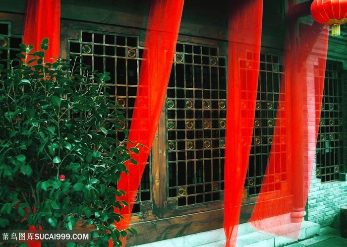 古代建筑木窗风景画