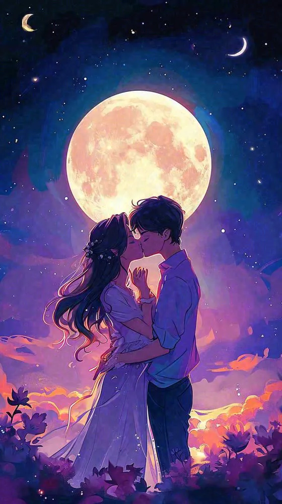 月光下情侣拥抱亲吻爱情情人节，浪漫温馨夜晚月亮(816x1456)