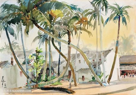 吴冠中手绘椰树房子美景装饰画