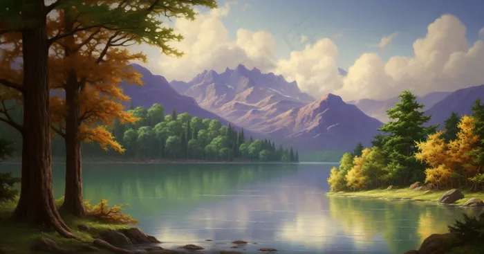 森林山林湖泊风景素材插画(4368x2289)