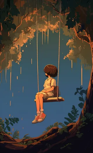 大树下荡秋千的孩子白云蓝天卡通插画素材