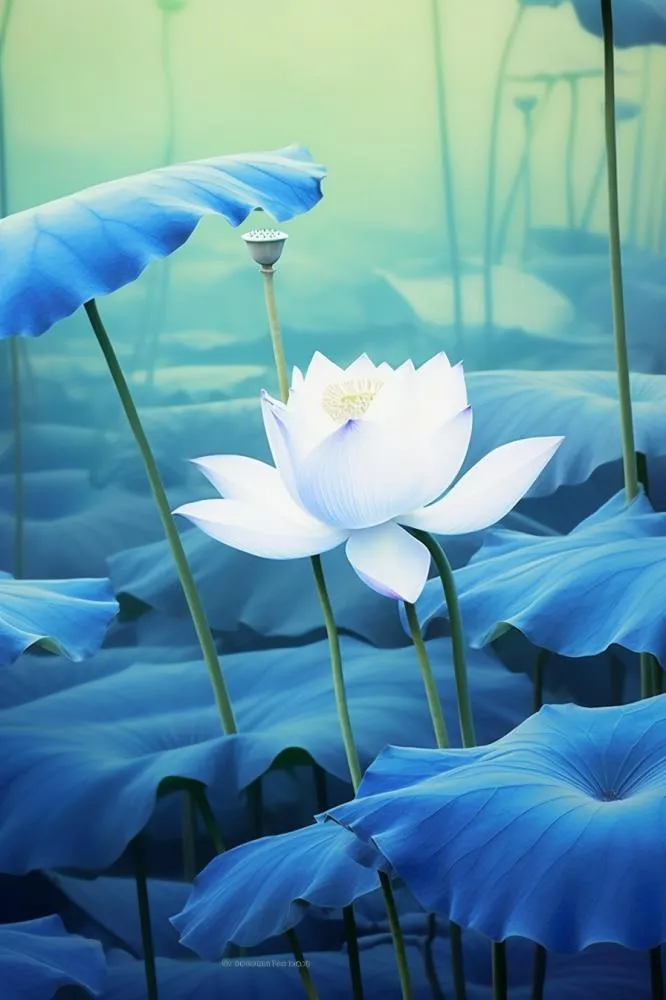 蓝色简约大气荷花意境背景(896x1344)