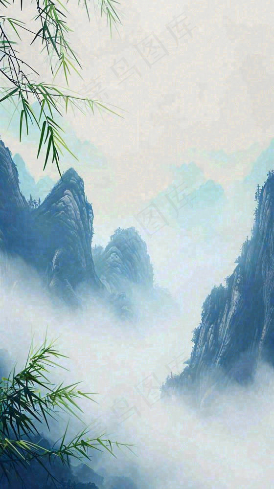 中国风云雾山脉意境竹叶山雾画插画(816x1456)
