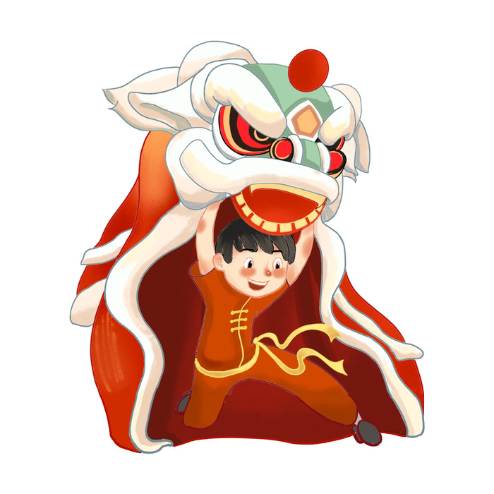 新年春节虎年元宵手绘人物舞狮卡通狮子头插画元素PSD设计素材