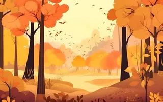 秋季森林树木金黄落叶背景