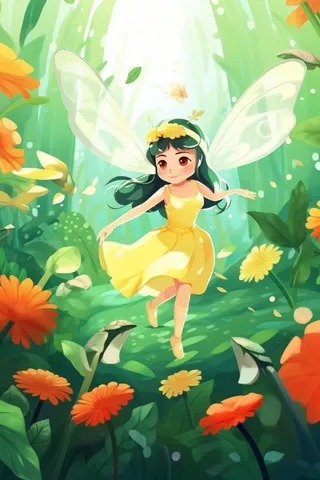 清新鲜花蝴蝶仙女精灵插画背景