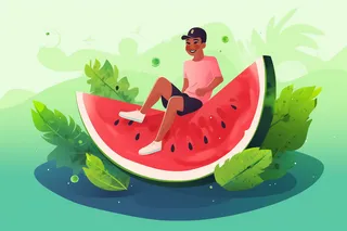 卡通插画坐着西瓜上面的男孩绿植素材