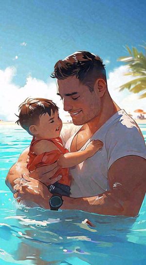 夏日泳池父爱父亲节家庭游泳，蓝天阳光，大暑小暑暑期