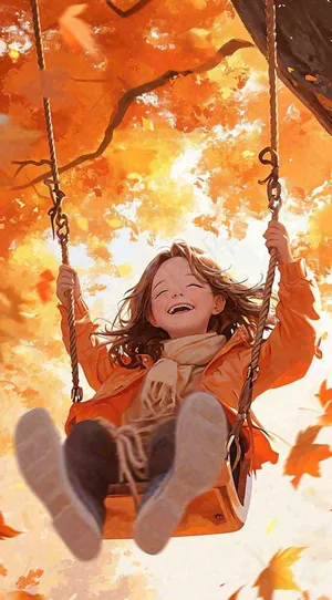 秋天浪漫秋叶儿童少女荡秋千插画，秋分