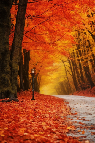 秋天公路边的红色树木树叶都落在了路边摄影图