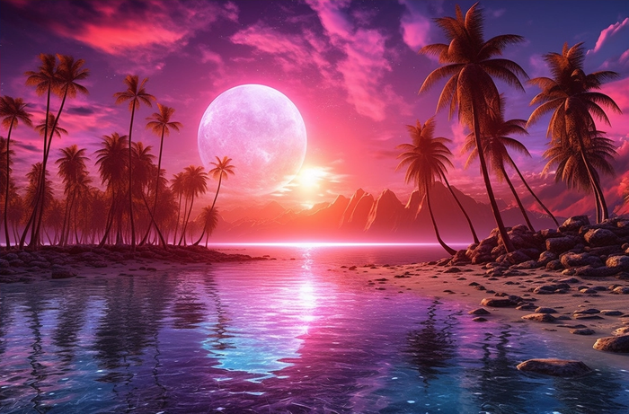 有棕榈树的海滩和清澈的海滩傍晚晚霞红色风格插画背景(4080x2688)