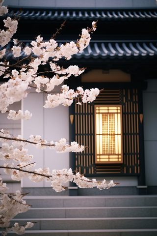 新中式房屋的门口的樱花摄影图