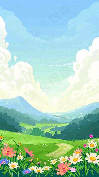 春天郊外露营旅行山脉蓝天白云草坪草地花丛，清新自然，惊蛰春分